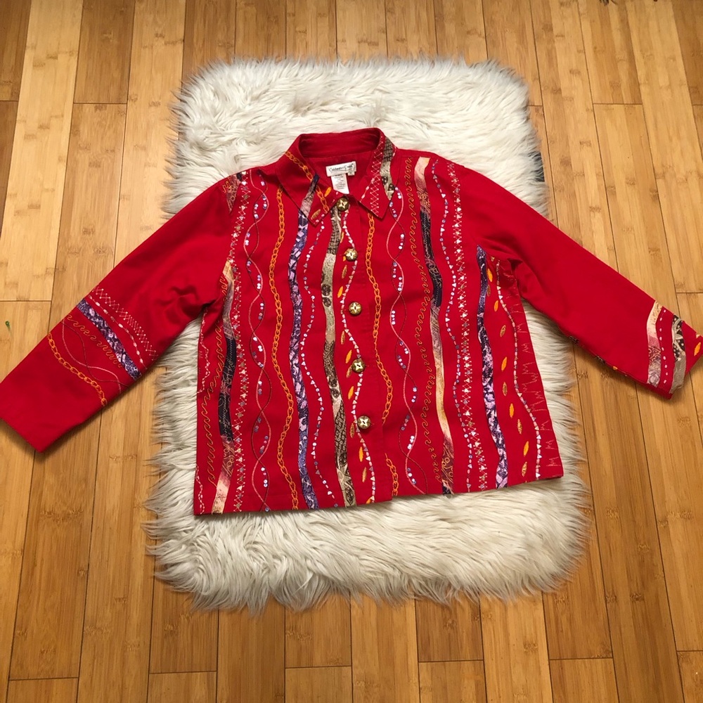 Coldwater Creek Boho Beaded Sequin Embroidered Western Bright Red Jacket size PL